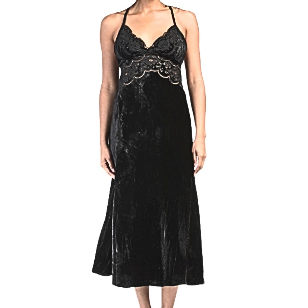 FARM Rio Richelieu Black Velvet Midi Slip Dress Medium, Elegant Designer Dress